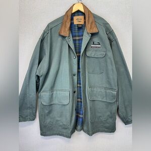 ID Wear Flannel-Lined Green Chore Coat Men Size XL- Leather Collar Wyoming Vtg